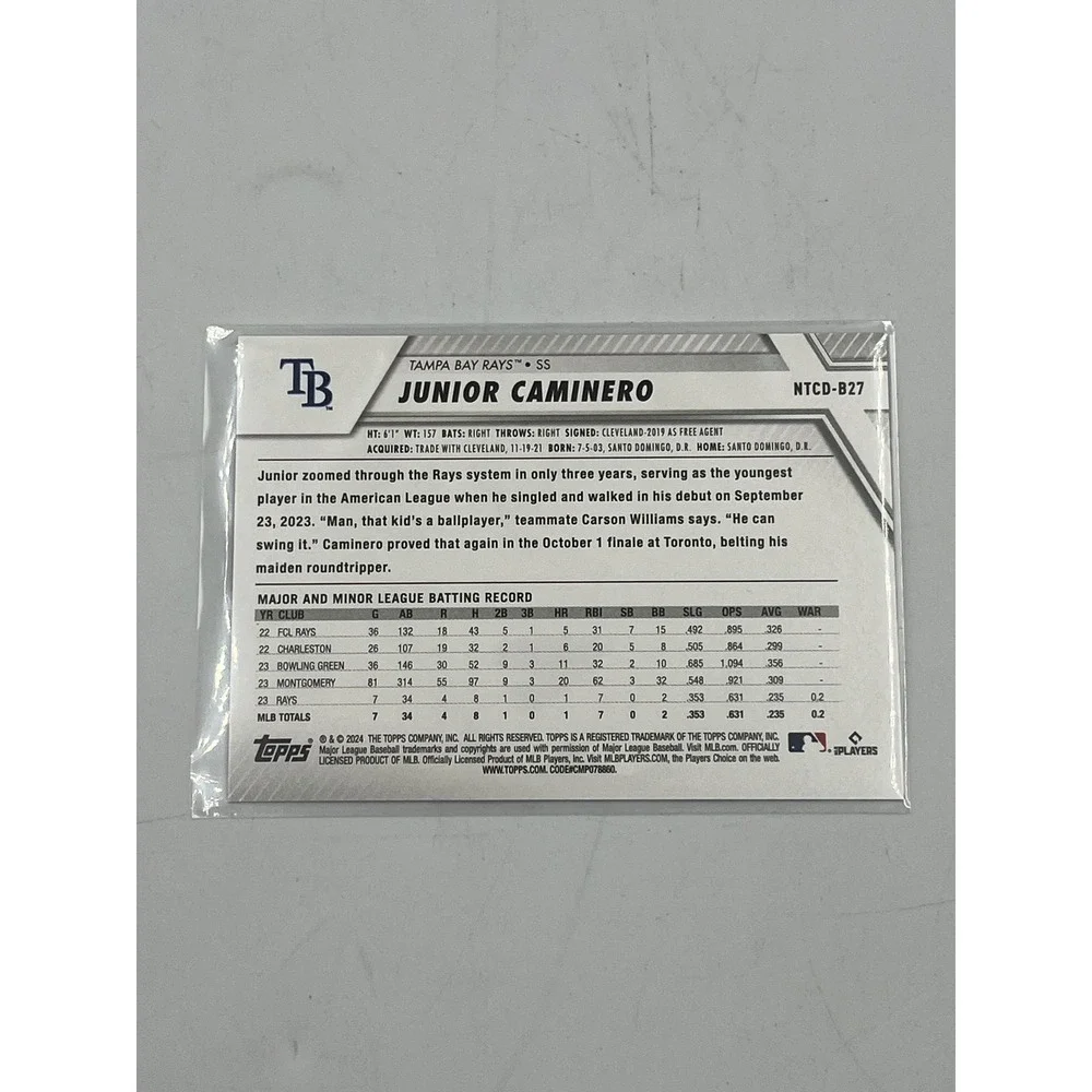 2024 Topps Trading Card Day Junior Caminero #NTCD-B27 Tampa Bay Rays‎ 22J - Picture 2 of 5